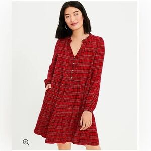 LOFT Shimmer Plaid Tiered Pocket Dress in Tartan Red Size XL